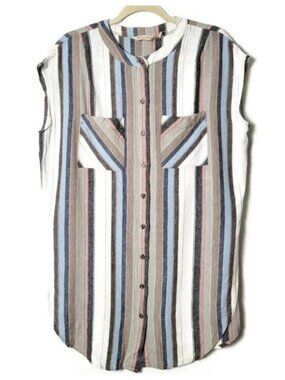 Soft Surroundings NWOT Linen Blend Taupe/Cream/Blue Striped Tunic, XLarge